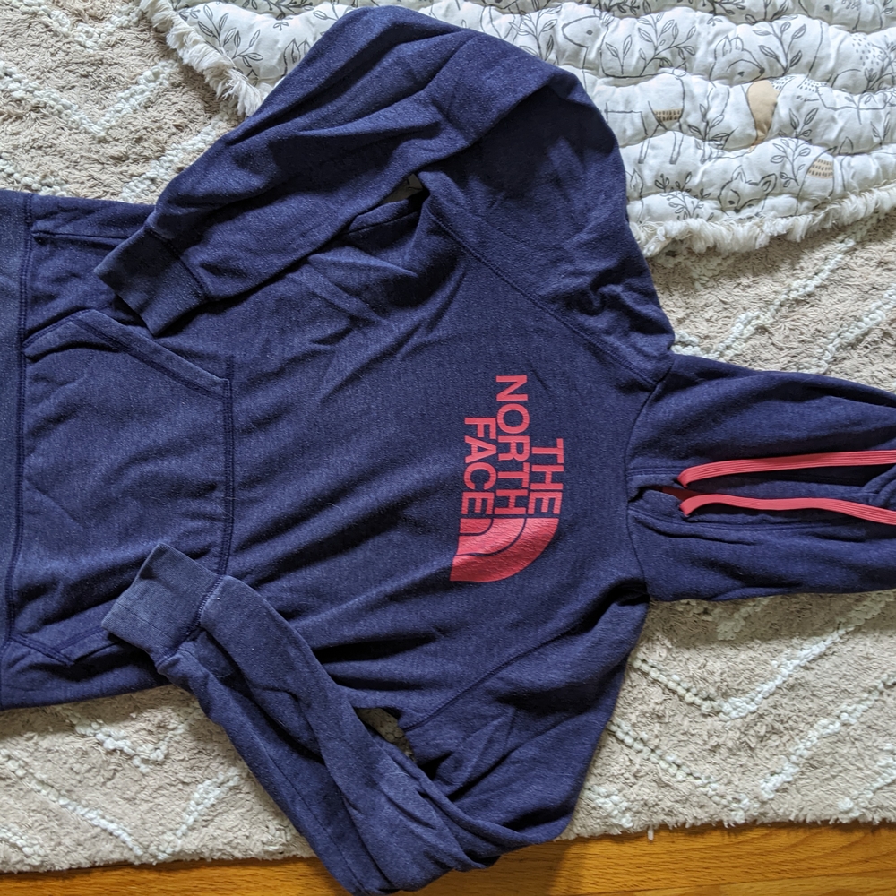 The North Face Navy Hoodie with Pink Logo